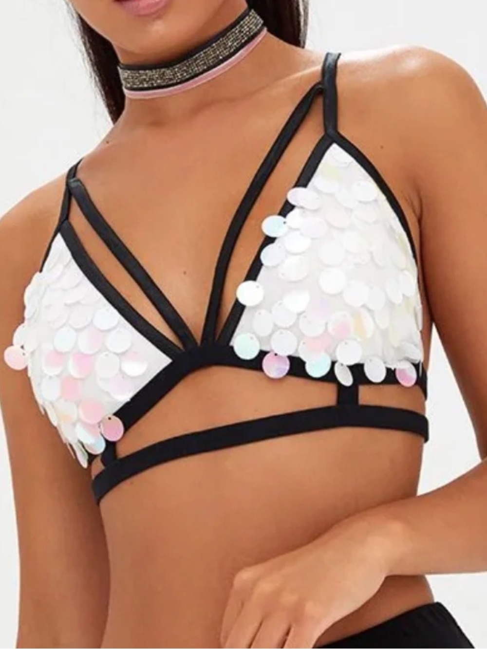 PrettyLittleThing White Iridescent Sequin Festival Bralette Strappy Cage Top